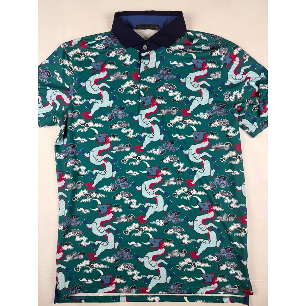 Greyson Golf Polo Medium Teal Dragon Print Bear Dance Course Performance Shirt